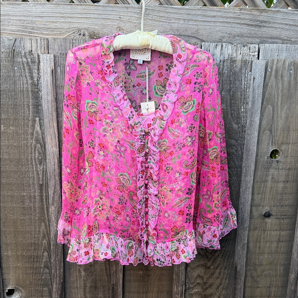 Johnny Was Pink Floral Ruffled Blouse